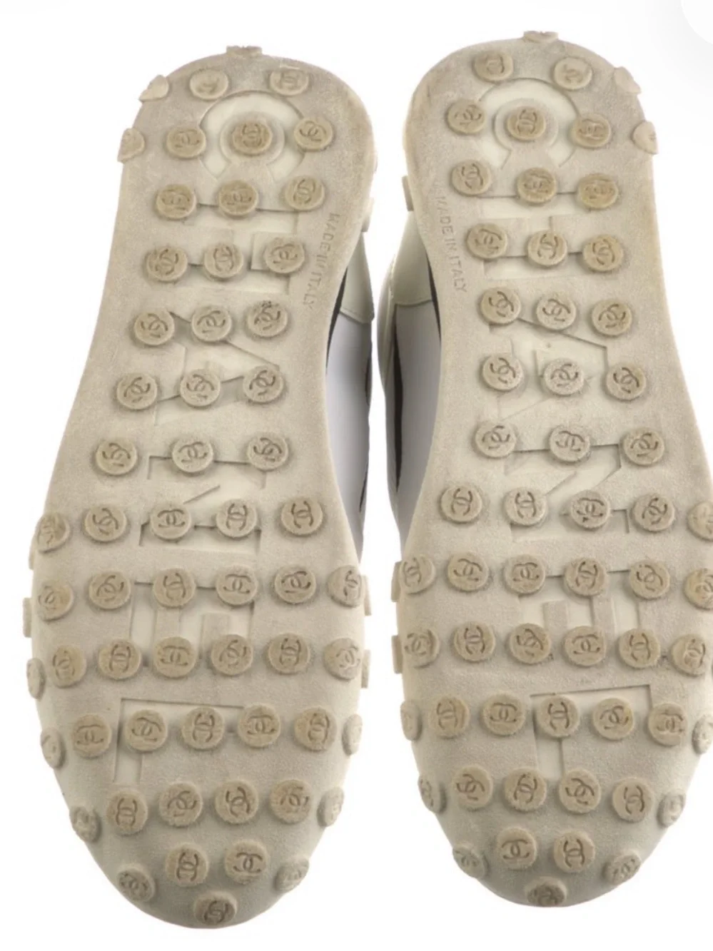 CHANEL White and Black High-Top Logo Sneakers